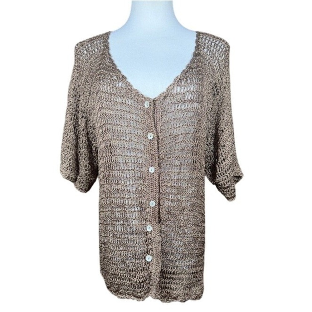 D2NY Womens 1X Taupe Brown Open Knit Crochet Button Front Cardigan Short Sleeve
